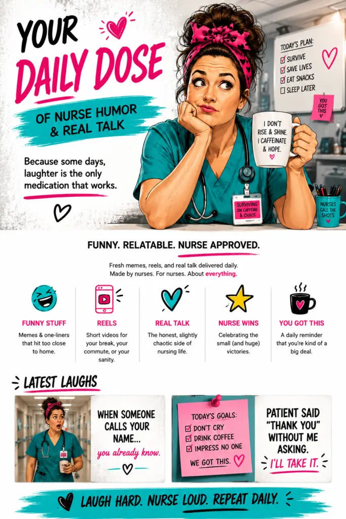 Laughing Nurse Daily Dose graphic featuring a nurse in teal scrubs with humorous nurse-life messages, reels, memes, real talk, and nurse wins.
