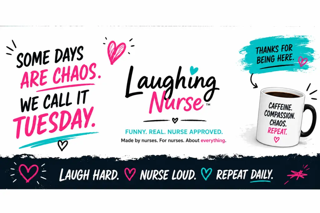 Laughing Nurse footer banner with the phrases “Some days are chaos. We call it Tuesday,” “Thanks for being here,” and “Laugh hard. Nurse loud. Repeat daily.”