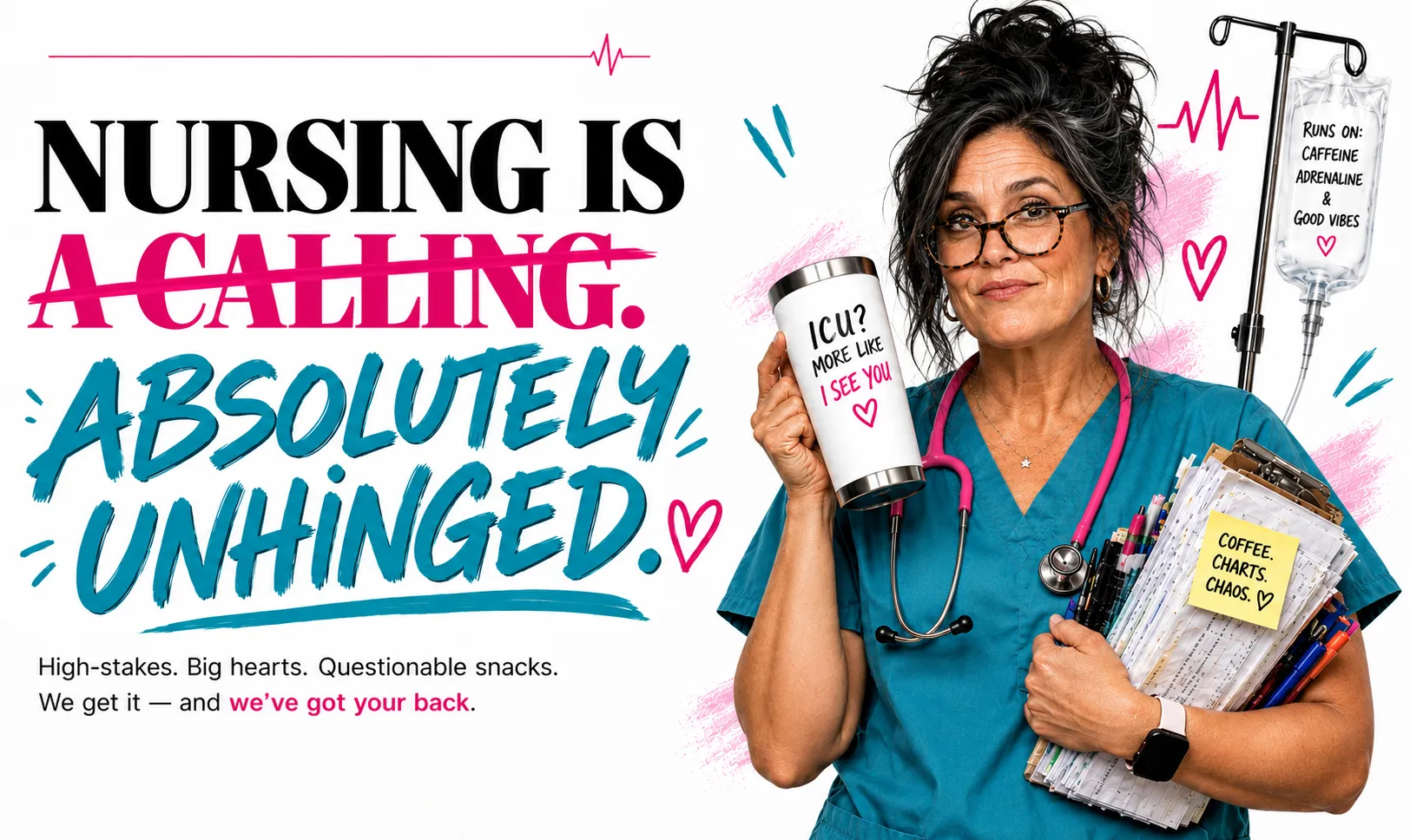 Laughing Nurse homepage hero with nurse in teal scrubs and bold nursing humor text